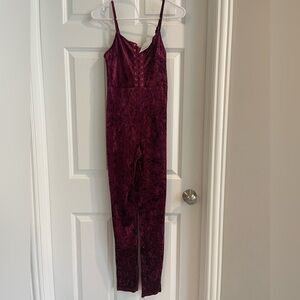 NWT! Red Crushed Velvet Jumpsuit Corset Tie detail Size S